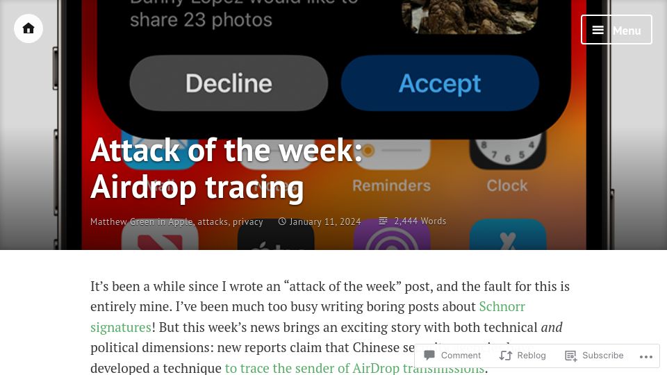 Screenshot of blog.cryptographyengineering.com: Attack of the Week: Airdrop Tracing