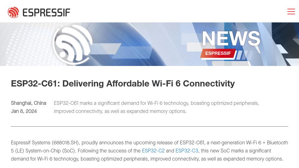 Screenshot of espressif.com: ESP32-C61: Delivering Affordable Wi-Fi 6 Connectivity