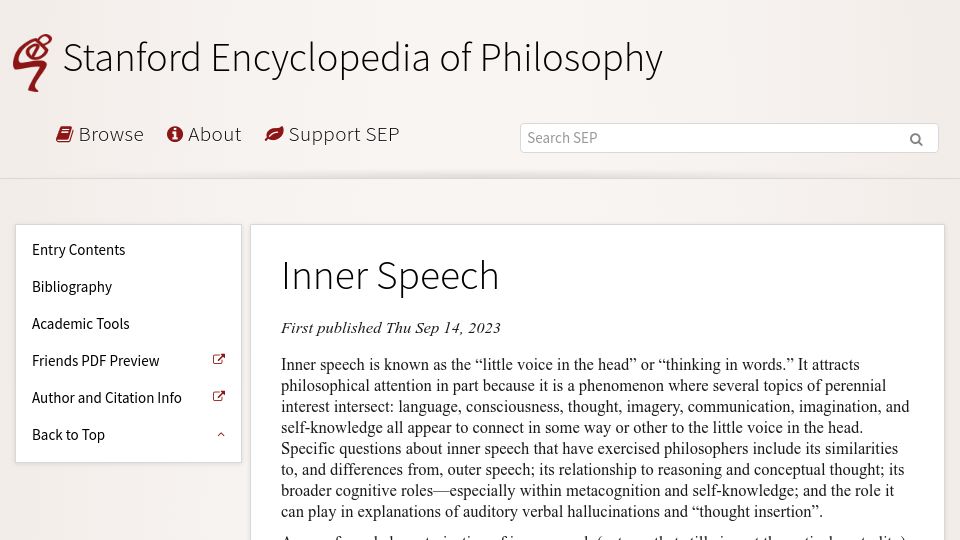 Screenshot of plato.stanford.edu: Inner Speech