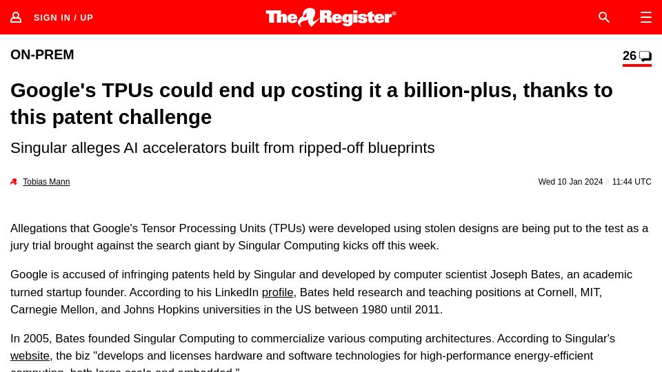 Screenshot of theregister.com: Google's Tensor Processing Units could have been developed using stolen designs