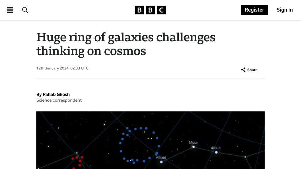 Screenshot of bbc.co.uk: Ring of galaxies challenges thinking on cosmos