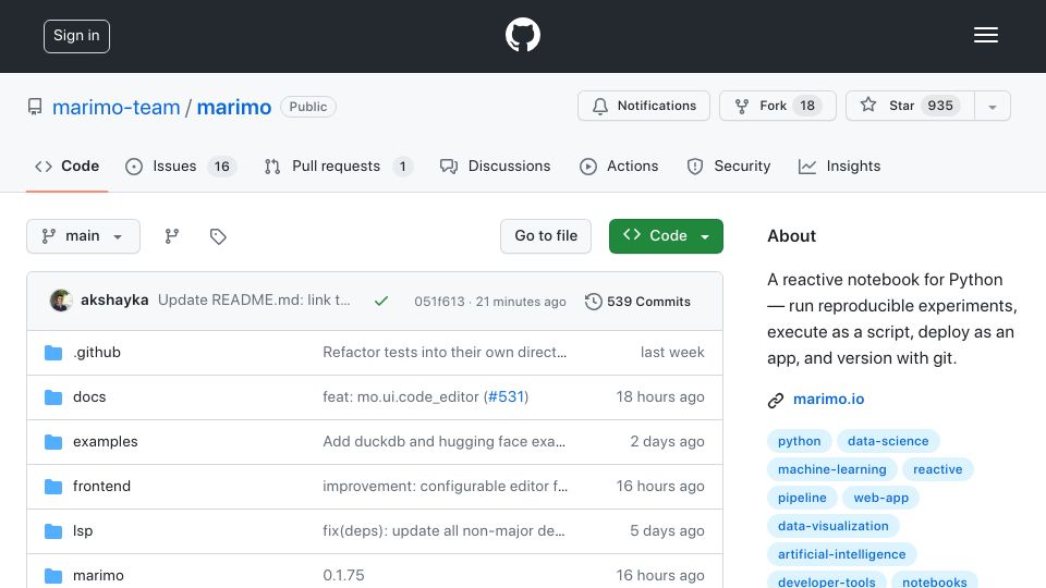Screenshot of github.com: Show HN: Marimo – an open-source reactive notebook for Python
