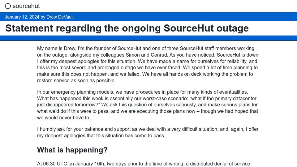 Screenshot of outage.sr.ht: Statement regarding the ongoing Sourcehut outage