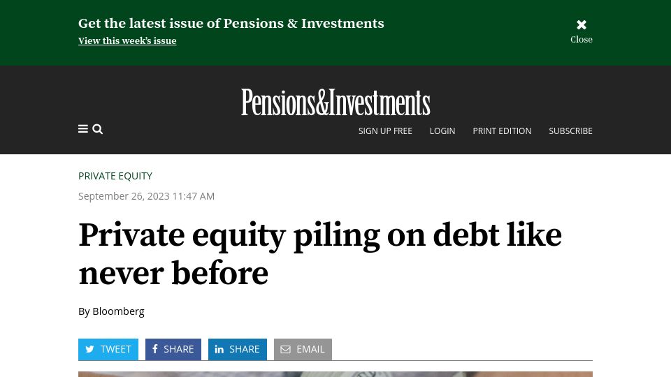 Screenshot of pionline.com: Private equity piling on debt like never before