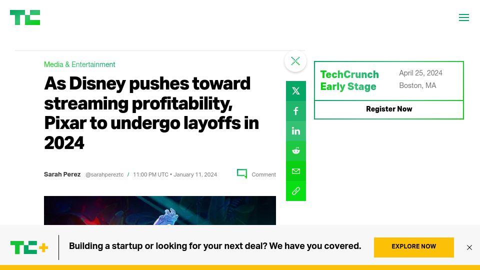 Screenshot of techcrunch.com: Pixar to undergo 20% layoffs in 2024