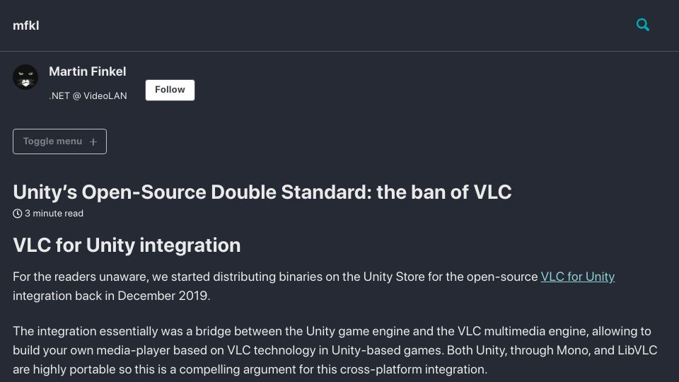 Screenshot of mfkl.github.io: Unity's Open-Source Double Standard: The Ban of VLC
