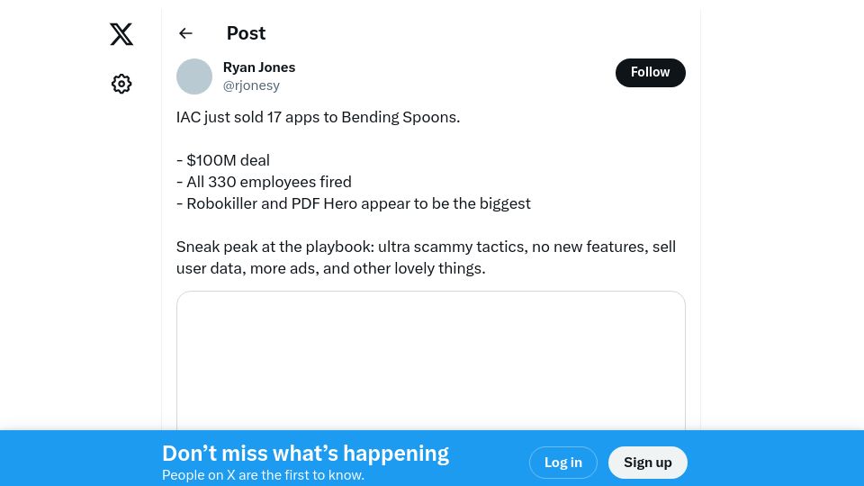 Screenshot of twitter.com: IAC sold 17 apps to Bending Spoons. $100M deal, all 330 employees fired