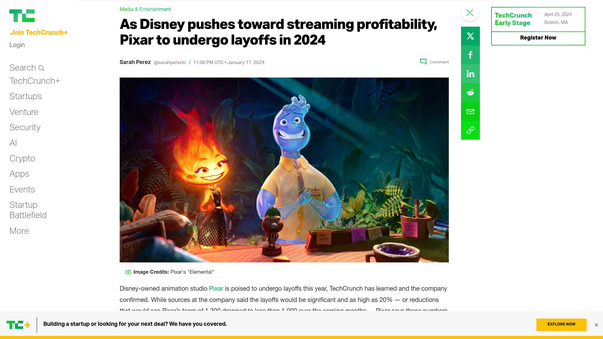 Screenshot of techcrunch.com: Pixar to undergo 20% layoffs in 2024