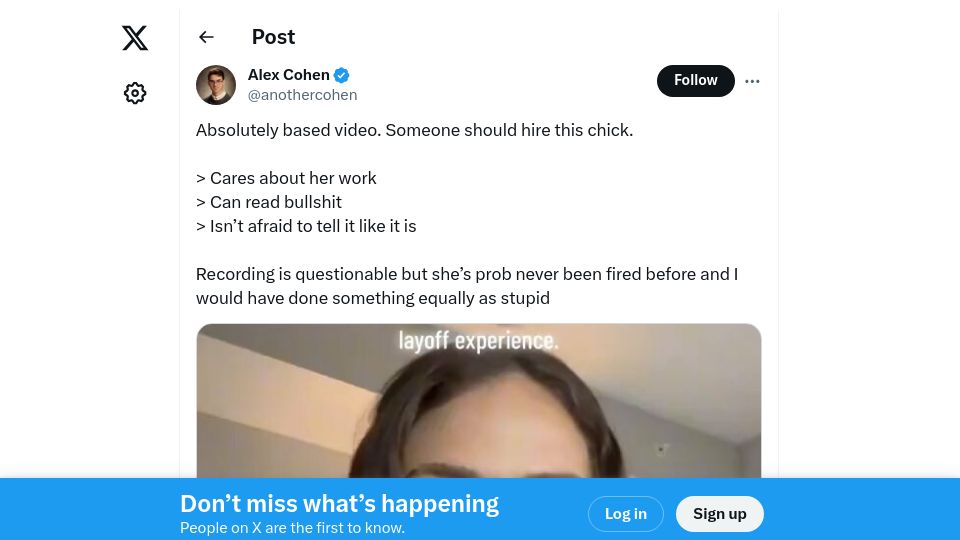 Screenshot of twitter.com: Cloudflare employee records meeting where she is layed off