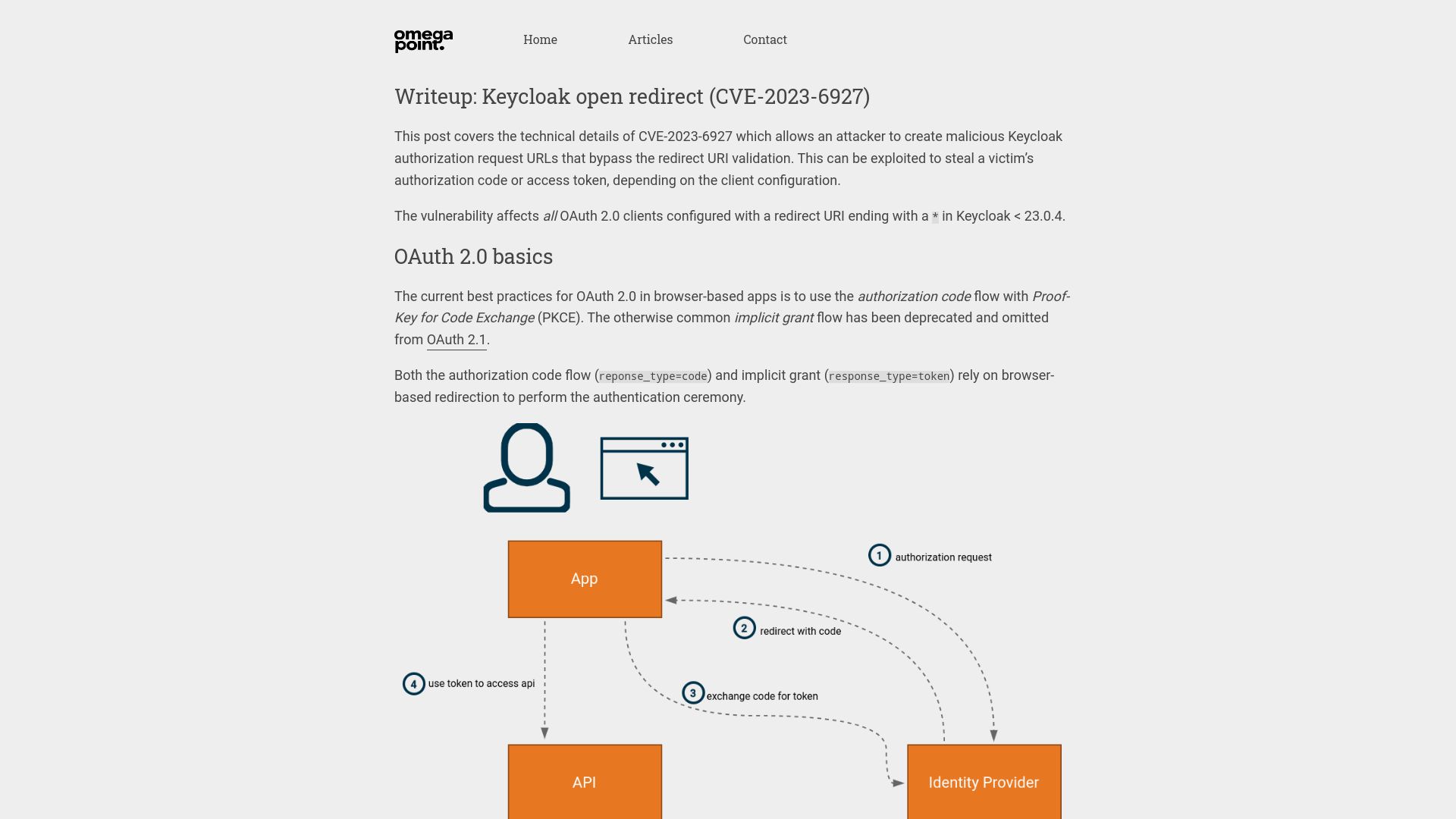 Screenshot of securityblog.omegapoint.se: Keycloak open redirect: wildcard redirect URIs can be exploited to steal tokens