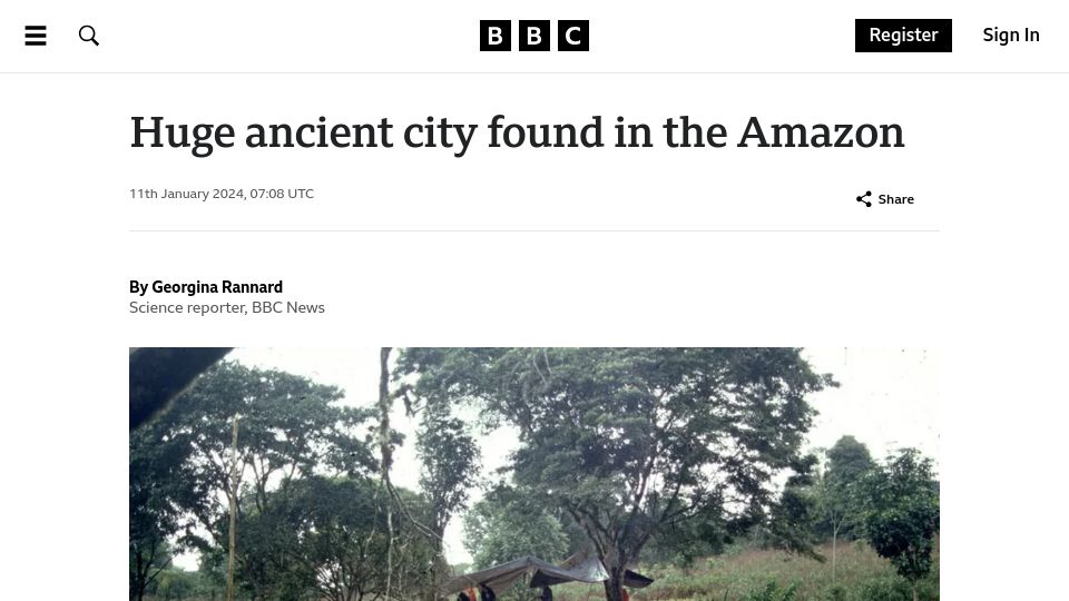 Screenshot of bbc.com: Ancient City Found in the Amazon