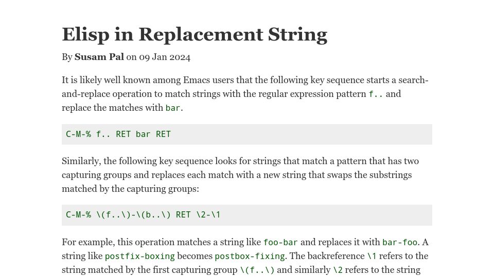 Screenshot of susam.net: Elisp in Replacement String
