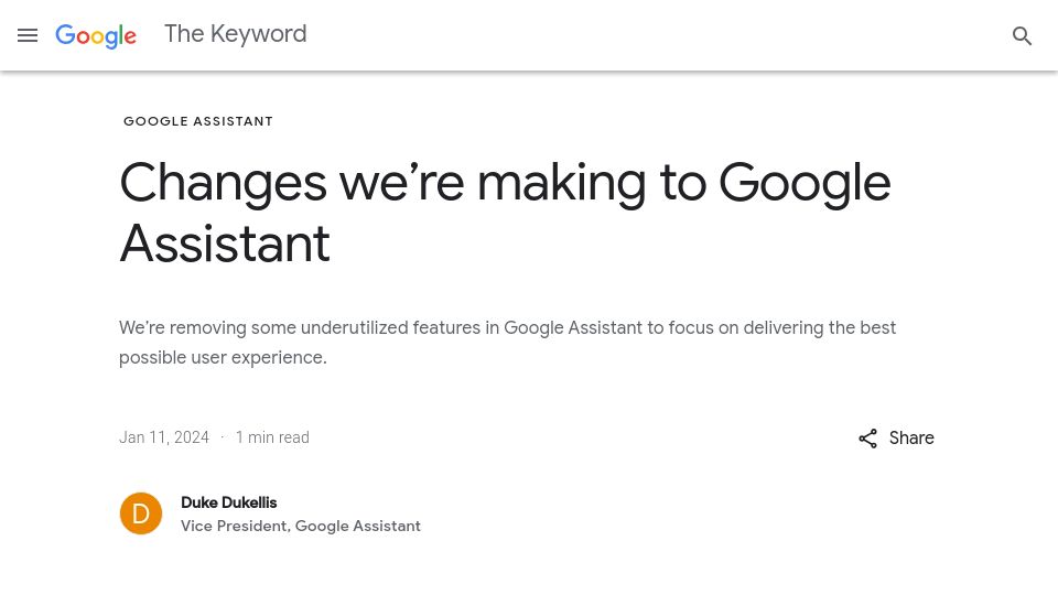 Screenshot of blog.google: Changes we're making to Google Assistant