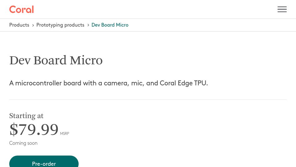 Screenshot of coral.ai: Coral Dev Board Micro