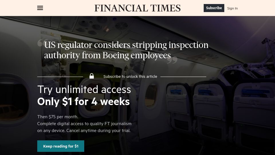 Screenshot of on.ft.com: US regulator considers stripping Boeing's right to self-inspect planes