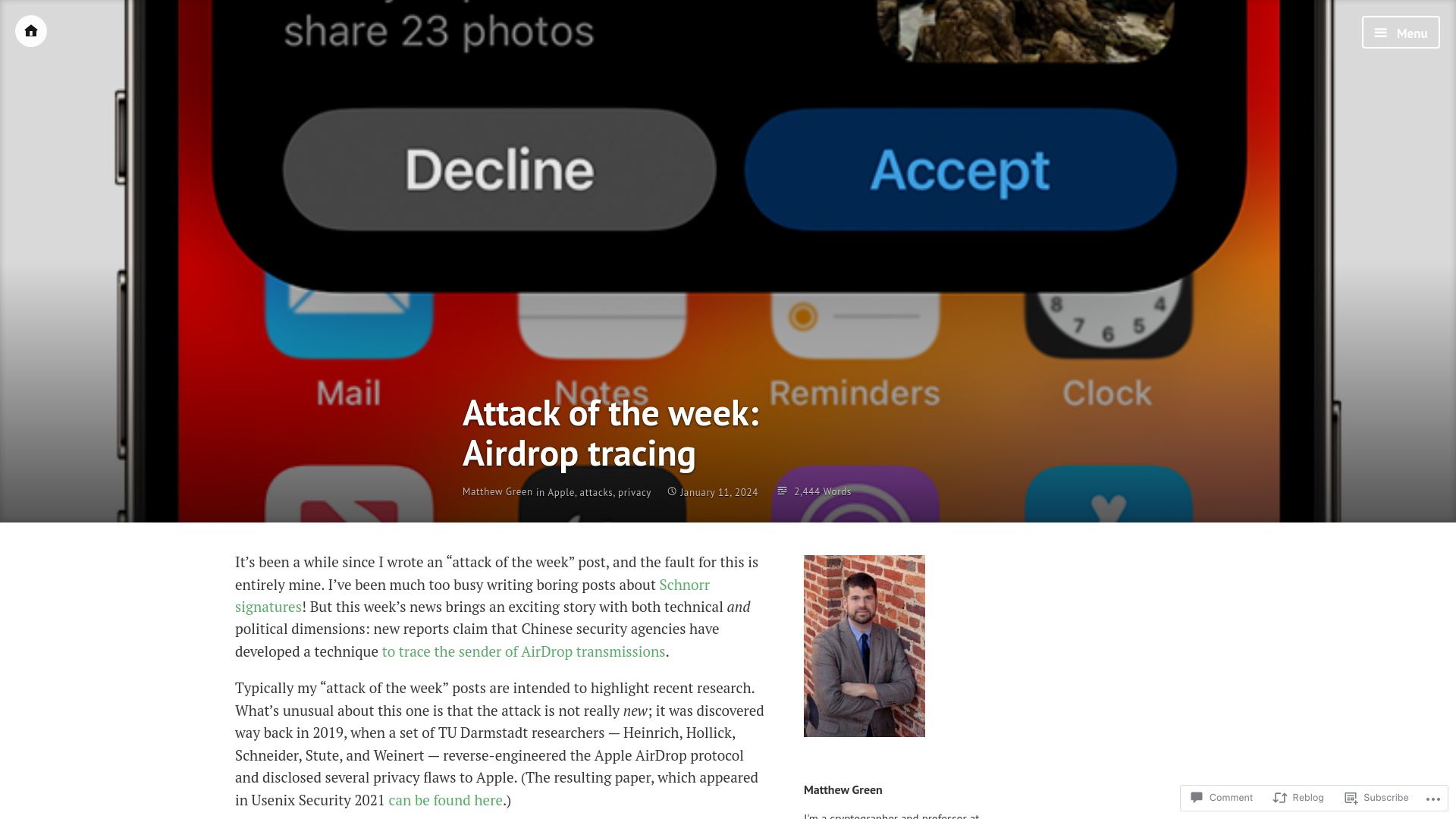 Screenshot of blog.cryptographyengineering.com: Attack of the Week: Airdrop Tracing