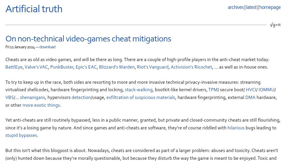 Screenshot of dustri.org: On non-technical video-games cheat mitigations