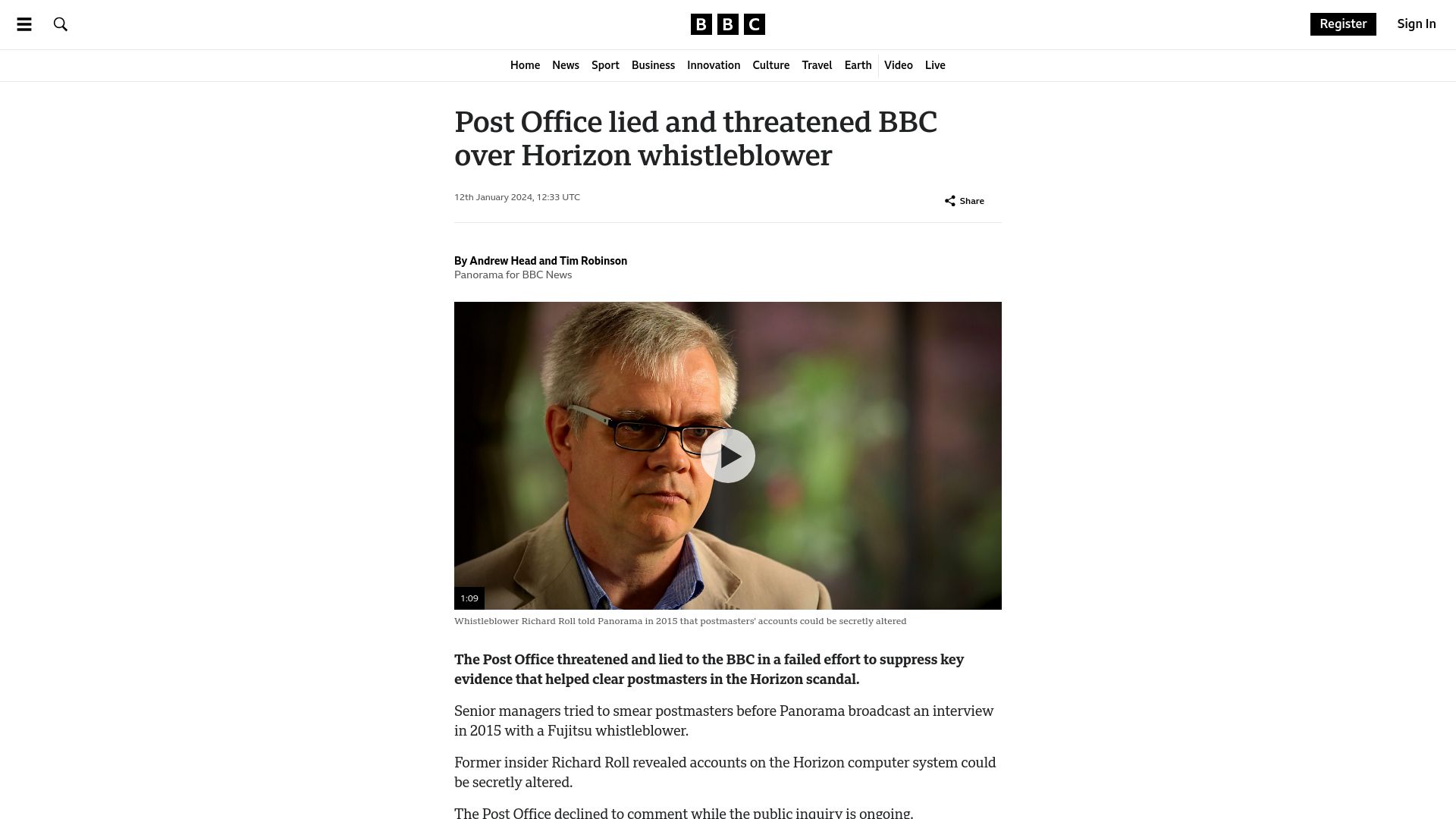 Screenshot of bbc.co.uk: Post Office lied and threatened BBC over Fujitsu dev whistleblower