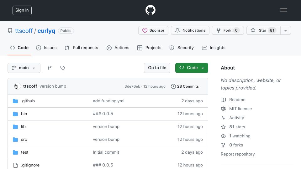 Screenshot of github.com: CurlyQ: Command line helper for curl and web scraping