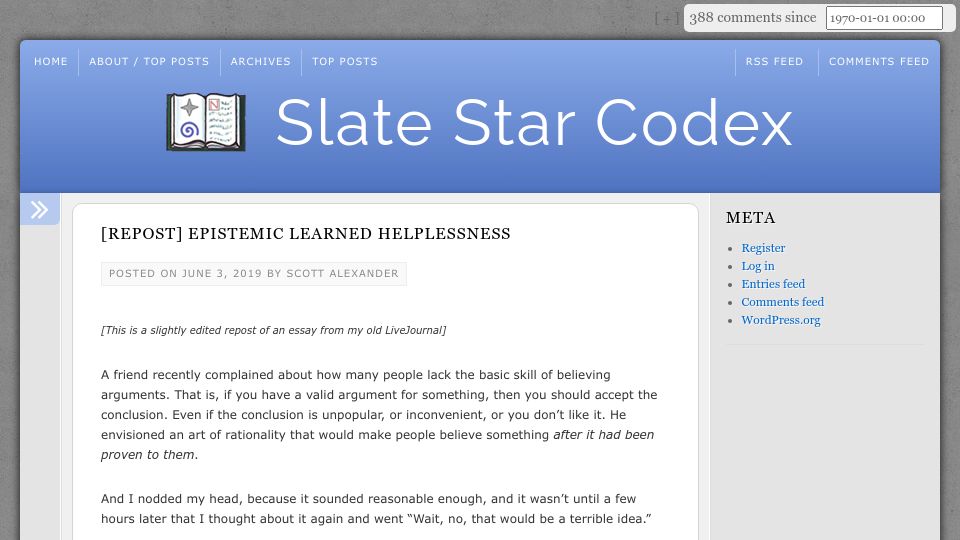 Screenshot of slatestarcodex.com: Epistemic Learned Helplessness (2019)