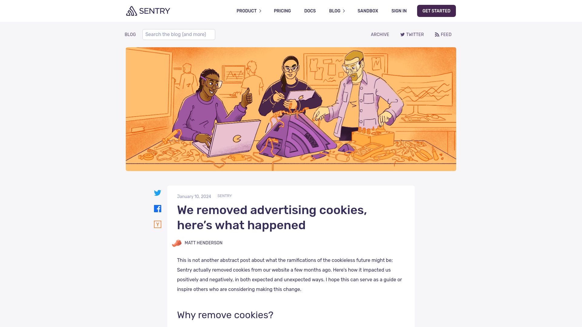 Screenshot of blog.sentry.io: We removed advertising cookies, here's what happened
