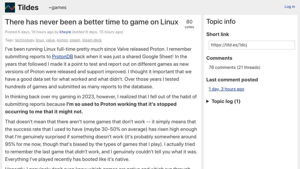 Screenshot of tildes.net: There has never been a better time to game on Linux