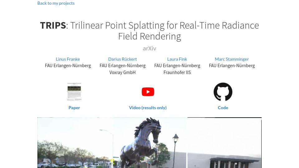 Screenshot of lfranke.github.io: Trilinear point splatting for real-time radiance field rendering