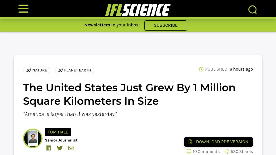 Screenshot of iflscience.com: The United States Just Grew by 1M Square Kilometers in Size