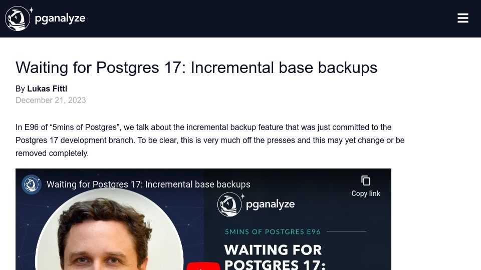 Screenshot of pganalyze.com: Postgres Incremental Backup