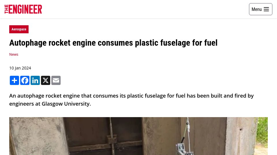 Screenshot of theengineer.co.uk: Autophage rocket engine consumes plastic fuselage for fuel