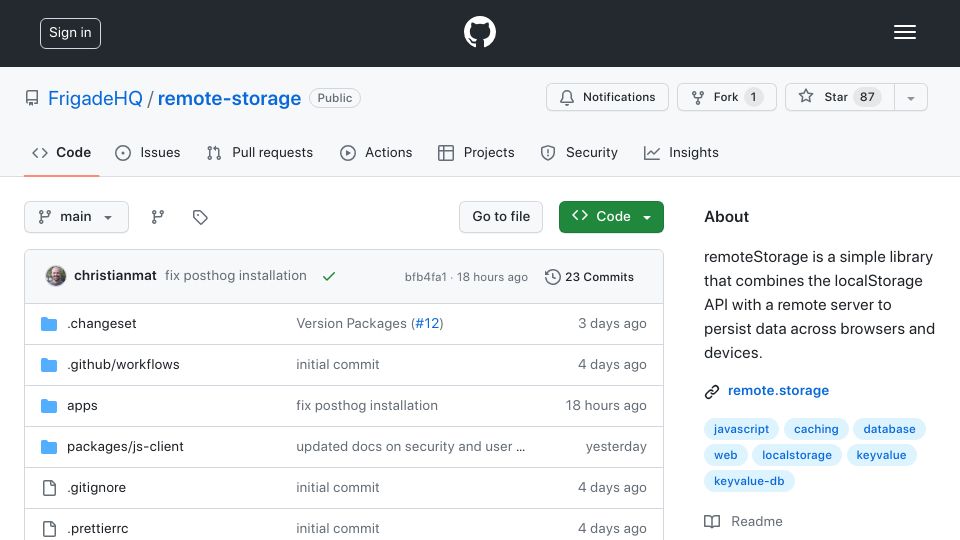 Screenshot of github.com: Show HN: RemoteStorage – sync localStorage across devices and browsers