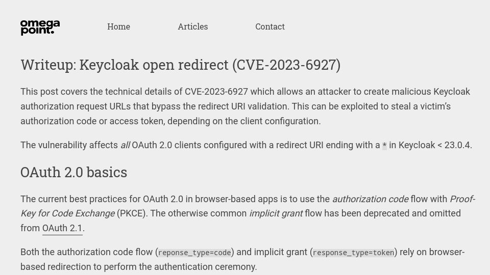 Screenshot of securityblog.omegapoint.se: Keycloak open redirect: wildcard redirect URIs can be exploited to steal tokens