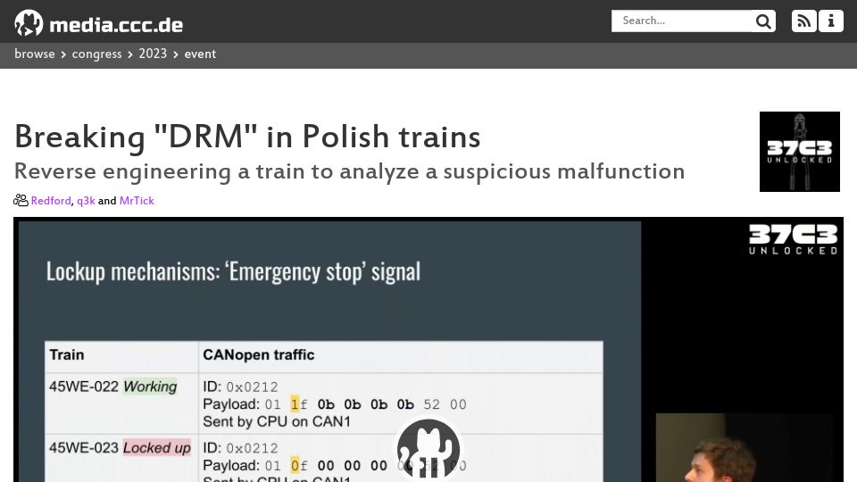 Screenshot of media.ccc.de: Breaking "DRM" in Polish trains [video]