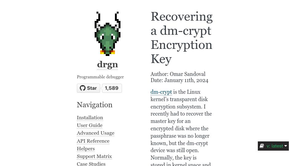 Screenshot of drgn.readthedocs.io: Recovering a dm-crypt Encryption Key with drgn