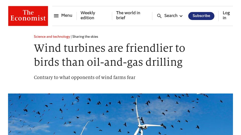 Screenshot of economist.com: Wind turbines are friendlier to birds than oil-and-gas drilling