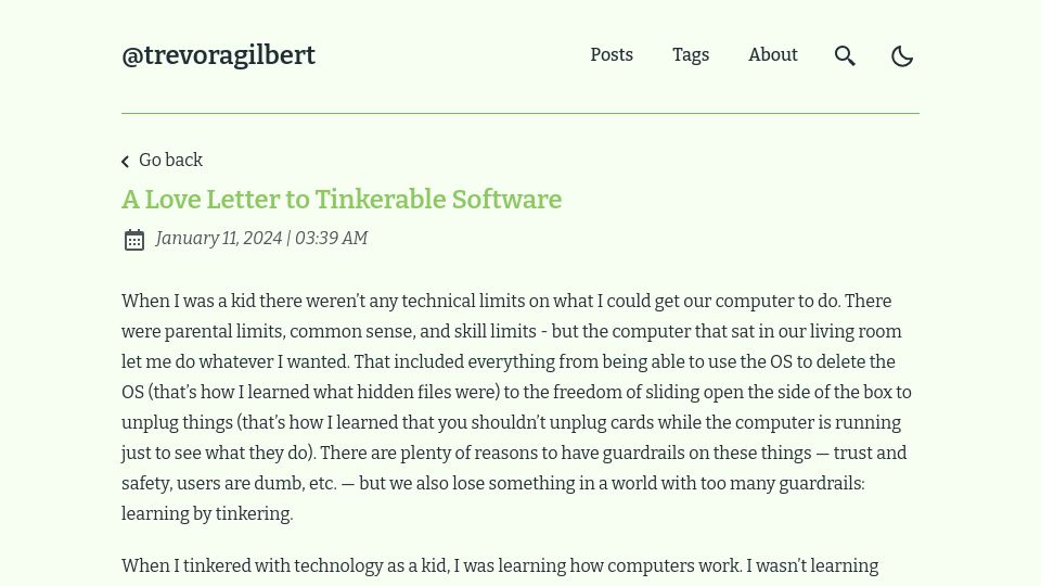 Screenshot of trevoragilbert.com: A Love Letter to Tinkerable Software