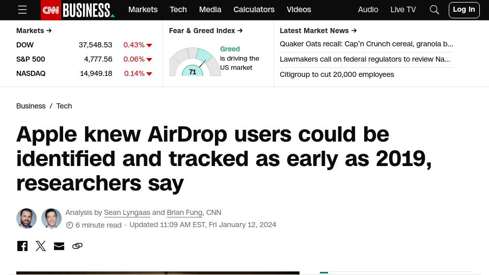 Screenshot of edition.cnn.com: Apple knew AirDrop users could be identified and tracked as early as 2019