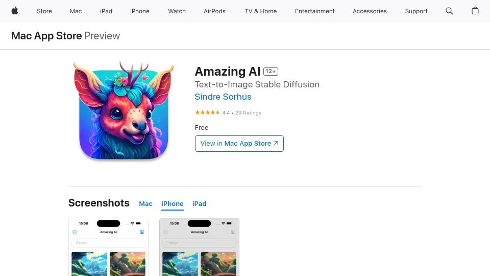 Screenshot of apps.apple.com: Show HN: Run Stable Diffusion Directly on iPhone