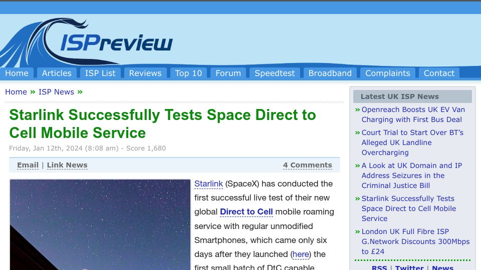 Screenshot of ispreview.co.uk: Starlink Successfully Tests Space Direct to Cell Mobile Service