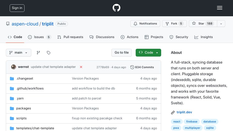 Screenshot of github.com: Triplit: Open-source DB that syncs data between server and browser in real-time
