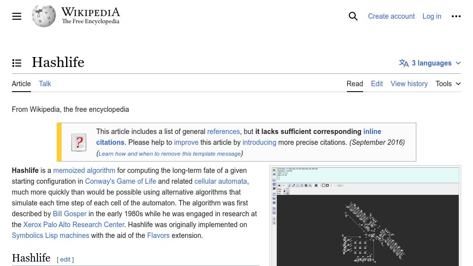 Screenshot of en.wikipedia.org: HashLife – A memoized algorithm for Conway's Game of Life and cellular automata