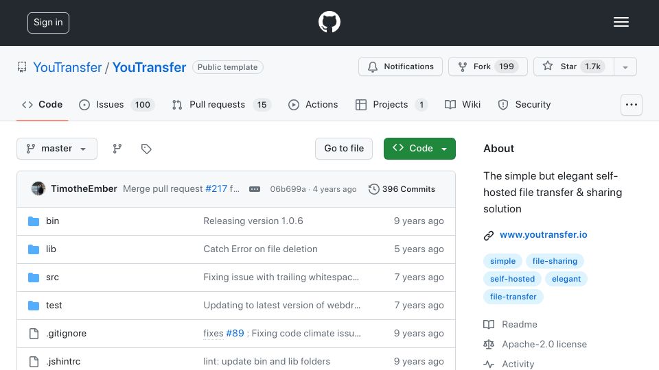 Screenshot of github.com: YouTransfer: Self-hosted file transfer and sharing solution
