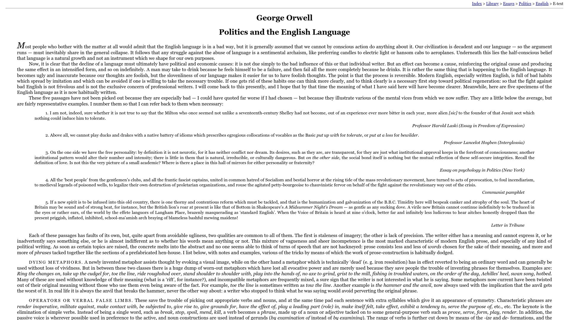 Screenshot of orwell.ru: George Orwell: Politics and the English Language