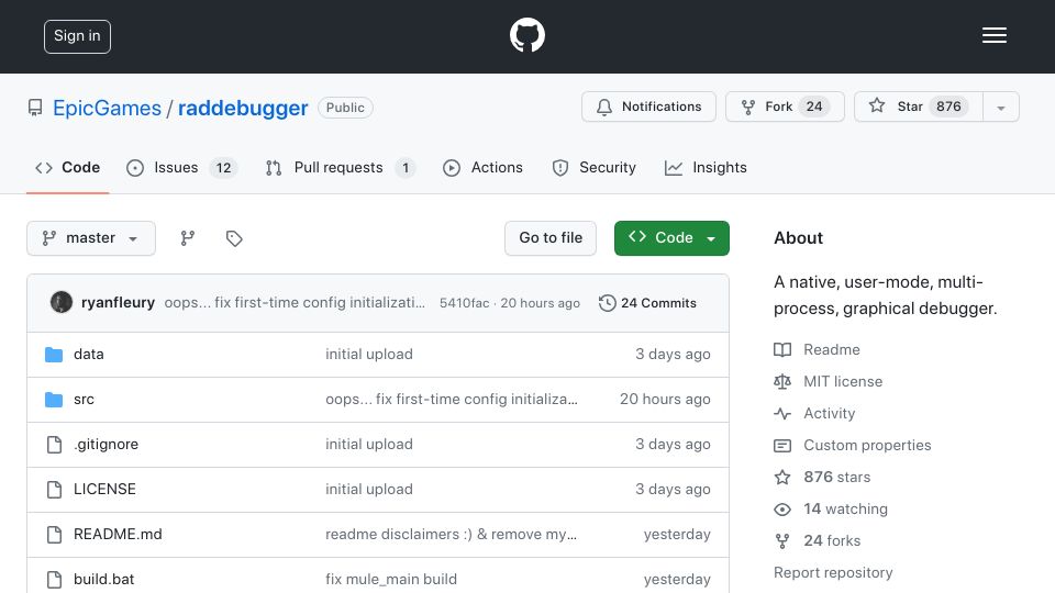 Screenshot of github.com: Epic Games' "The RAD Debugger"