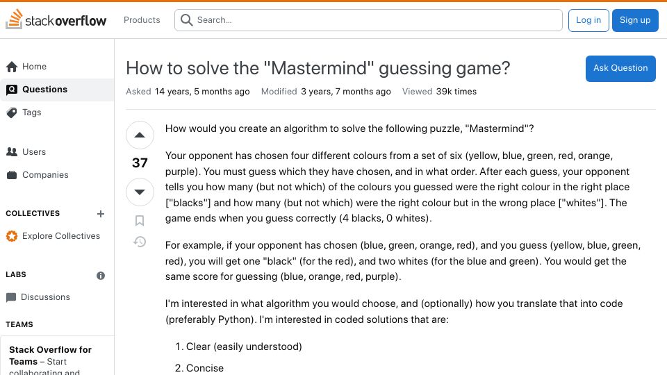 Screenshot of stackoverflow.com: How to solve the "Mastermind" guessing game? (2009)