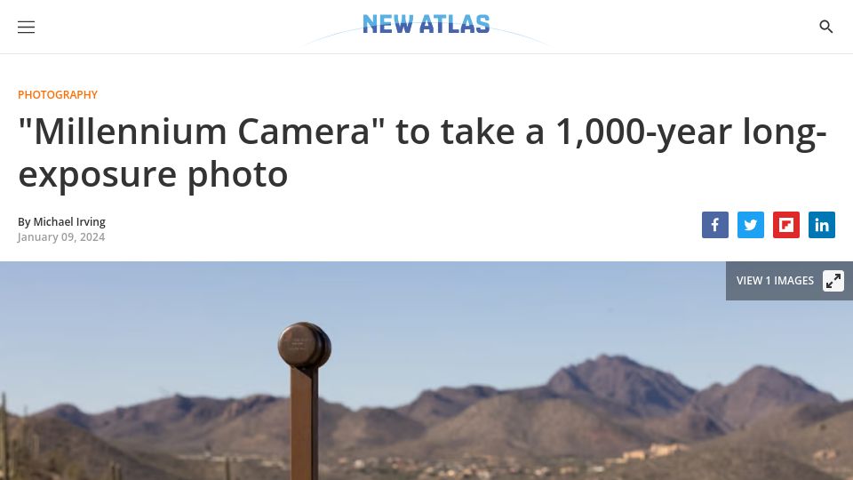 Screenshot of newatlas.com: "Millennium Camera" to take a 1k-year long-exposure photo