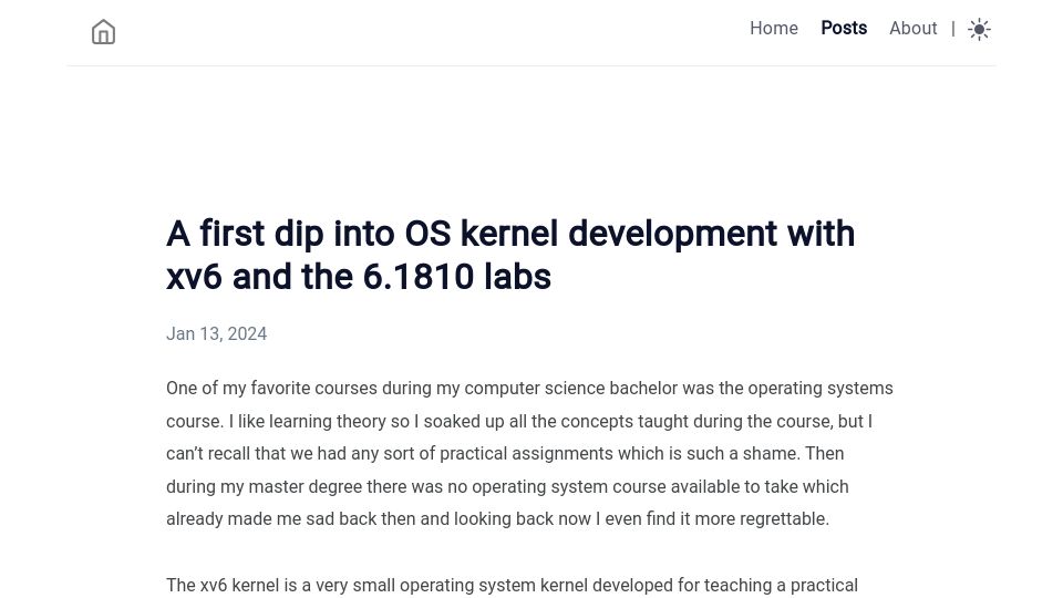 Screenshot of jannestimm.com: A first dip into OS kernel development with xv6 and the 6.1810 labs