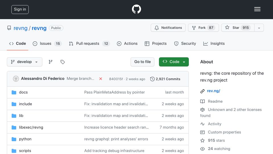 Screenshot of github.com: revng translates (i386, x86-64, MIPS, ARM, AArch64, s390x) binaries to LLVM IR