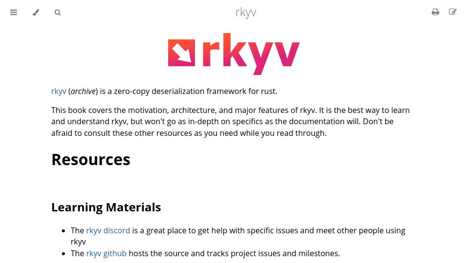 Screenshot of rkyv.org: Rkyv: A zero-copy deserialization framework for rust