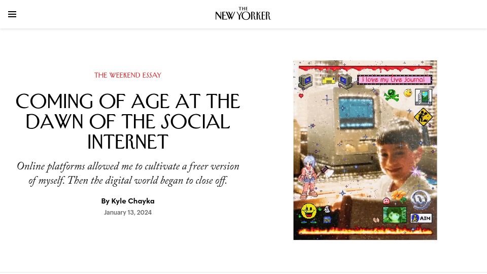 Screenshot of newyorker.com: Coming of Age at the Dawn of the Social Internet